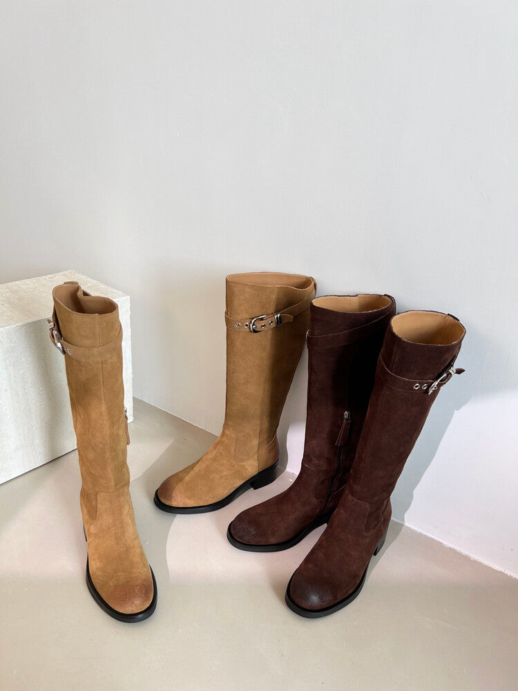 Karin Luna Chunky Heels Round Head Belt Buckle  Fashionable Suede Boots