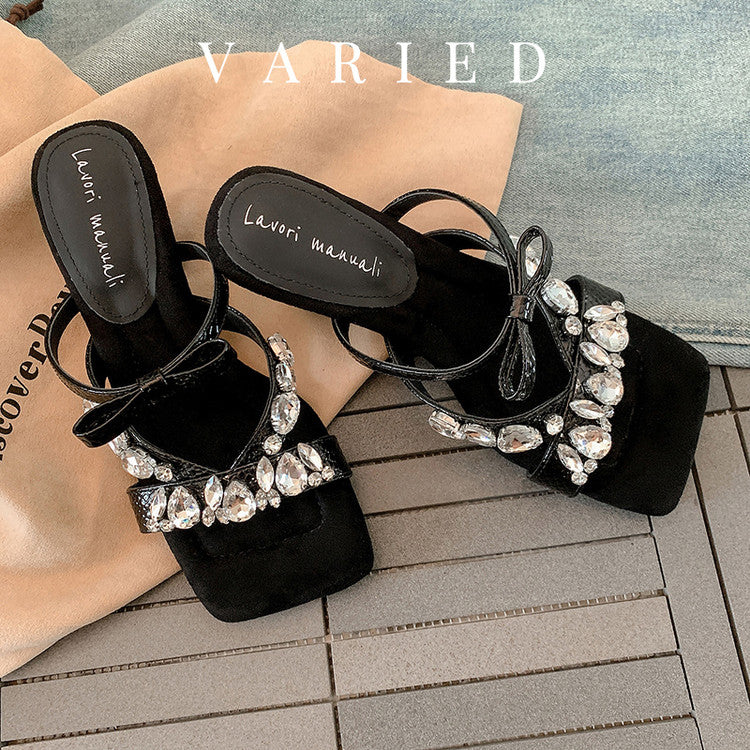 Karin Luna In Stock In Stock  Square Toe Rhinestone Bow Suede Slippers