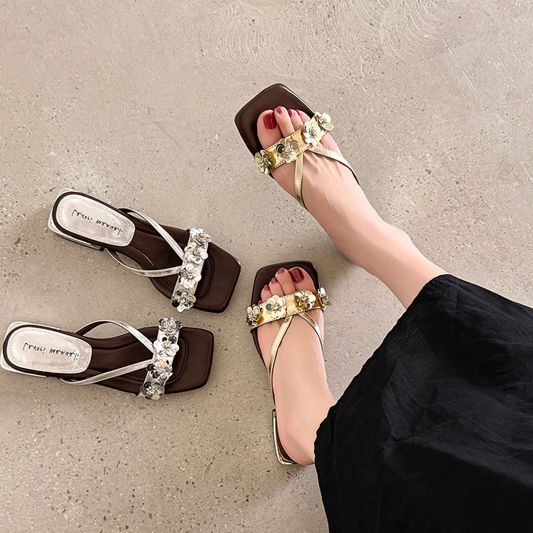 Karin Luna In Stock Spot Goods  One-Strap Sequin Floral Square-Toe Flat Slippers