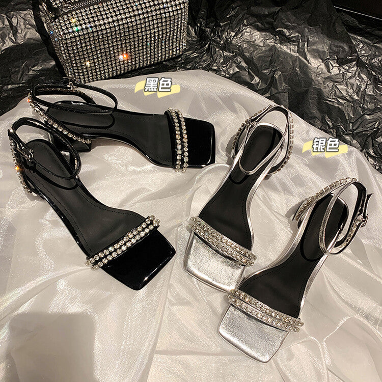 Karin Luna Classic Style   Rhinestone Strap Chunky Heel Open-Toe Sandals