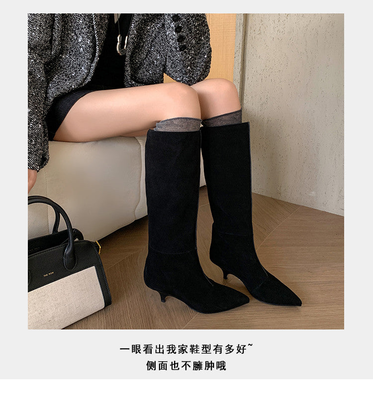 Karin Luna In Stock Spot Goods Retro Cowhide Pointed Toe Stiletto Elegant Long Boots