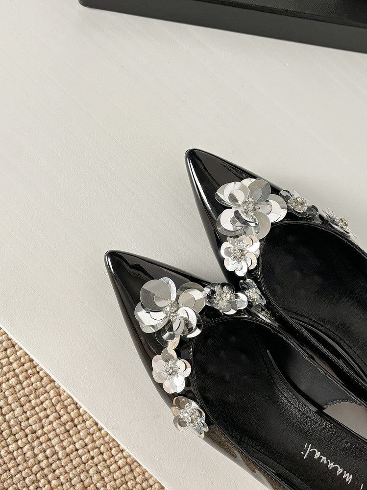 Karin Luna In Stock In Stock  Sequin Floral Pointed Toe Chunky Heel Closed-Toe Sandals