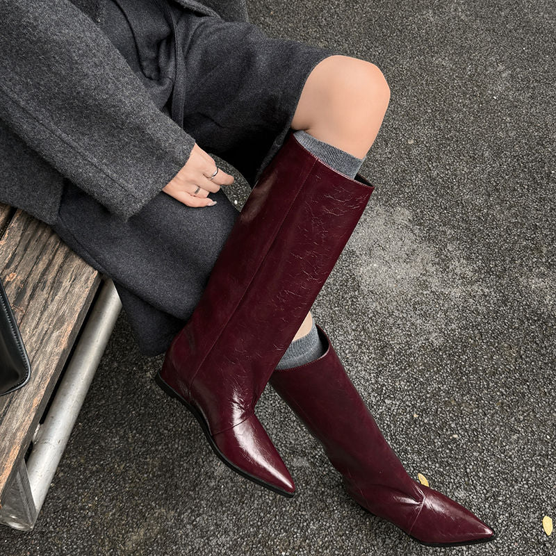 Karin Luna Elegant Style Pointed Toe Internal Height Increase Slip-On Long Boots