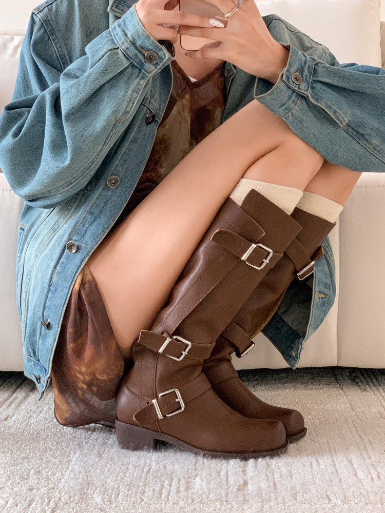 Karin Luna In Stock In Stock European and American Style Square Toe Thick Sole Belt Buckle Long Boots