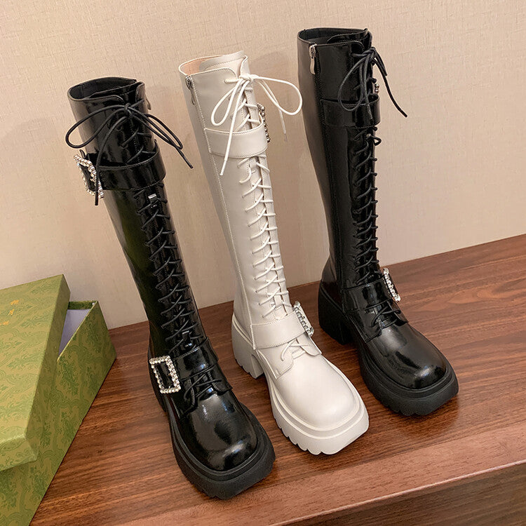 Karin Luna In Stock Spot Goods Bestselling Extended Version Rhinestone Square Buckle Thick Sole Lace-up Thick Sole Full Cowhide Knight Boots