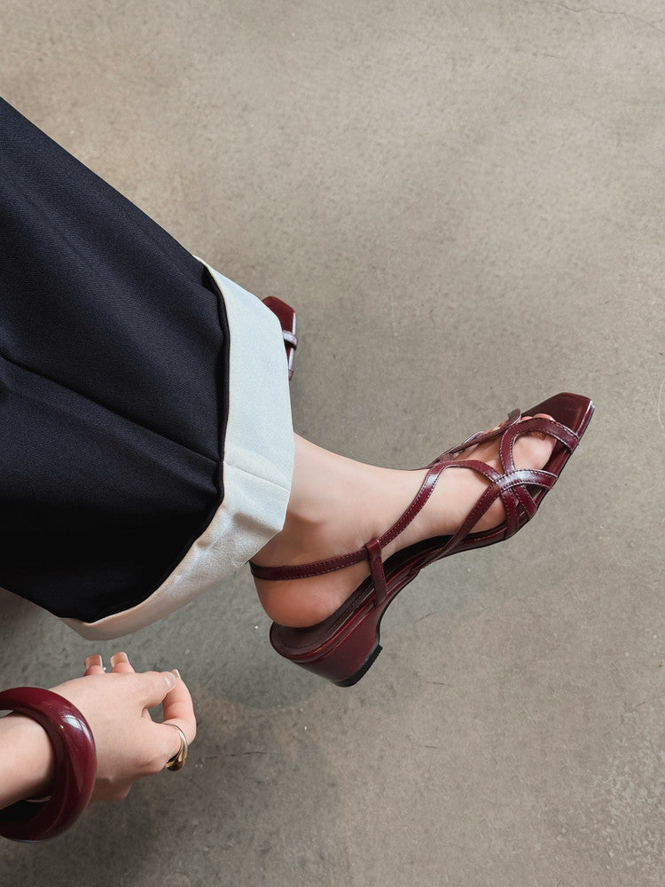 Karin Luna French Hollow Style Small Square Toe Chunky Heel Sandals