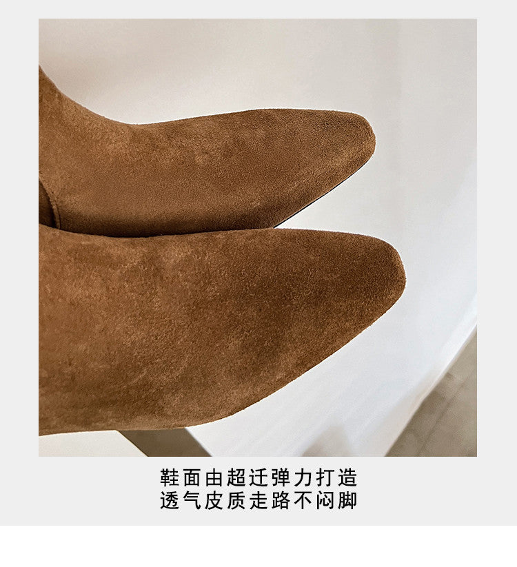 Karin Luna In Stock Spot Goods Vintage Cowhide Leather Chunky Heel Height Increasing Long Boots