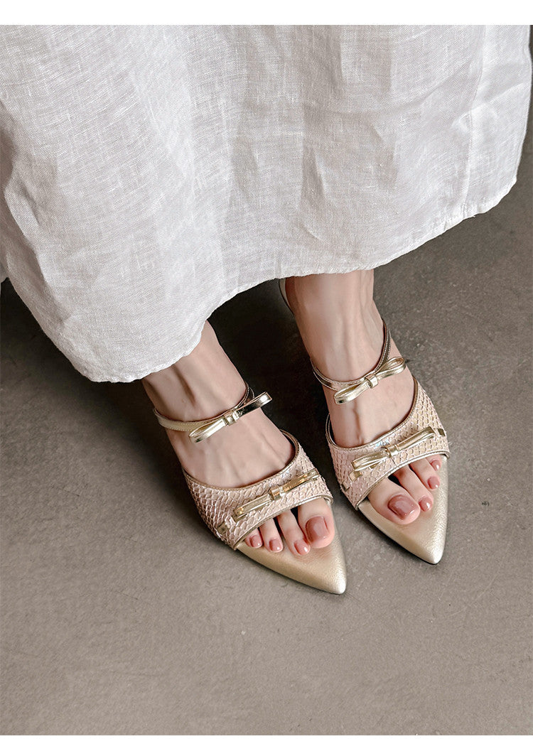 Karin Luna Fish Skin Series~Pointed Toe Irregular Heel Bowknot Strap Slippers