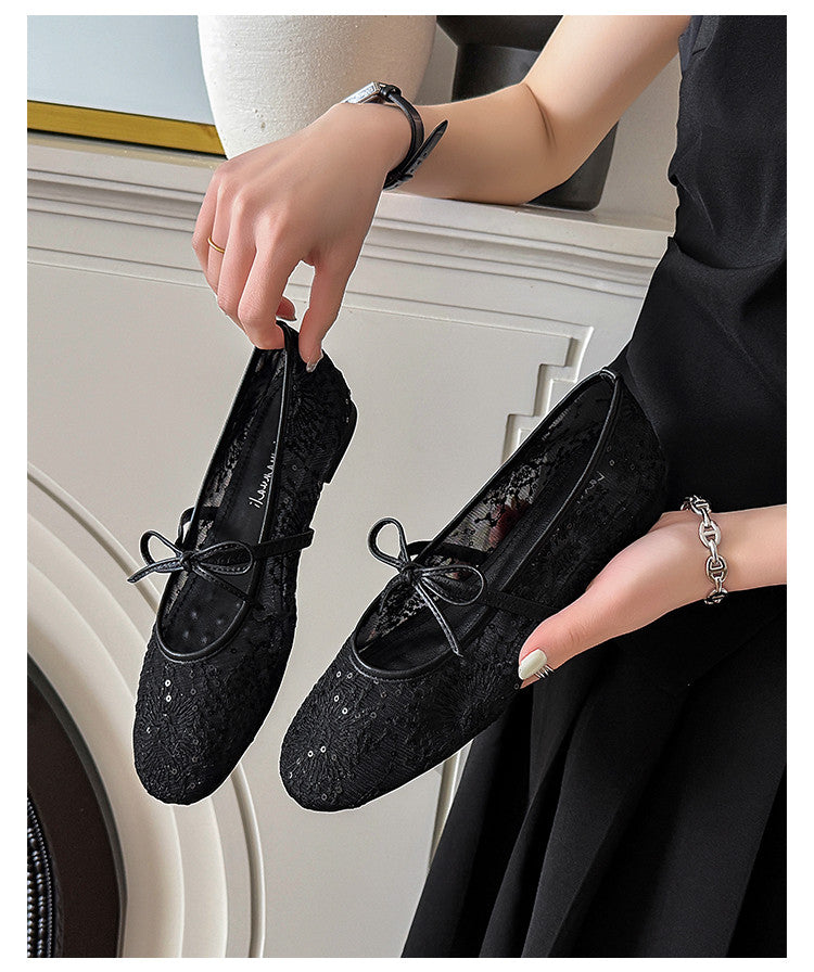 Karin Luna In Stock Spot Goods  Summer Breathable Retro Embroidered Bow Granny Shoes