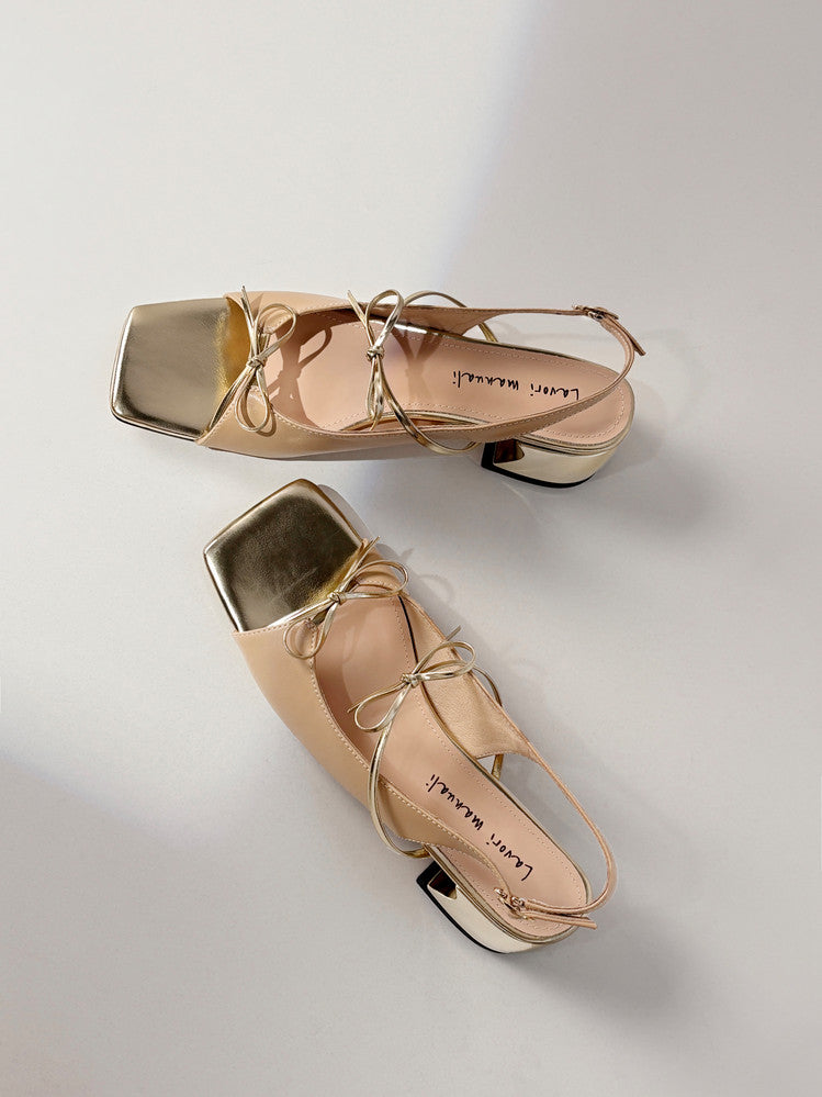 Karin Luna In Stock Spot Goods Square Toe Double Bow Thick Heel Sandals