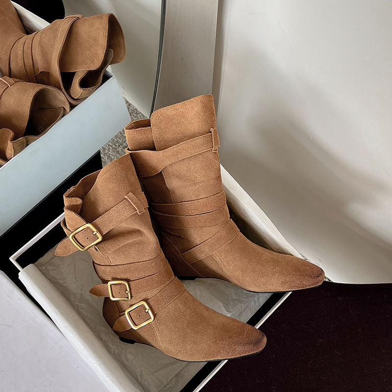 Karin Luna Height-Increasing Suede Leather Small Square Toe Belt Buckle Fashion Boots
