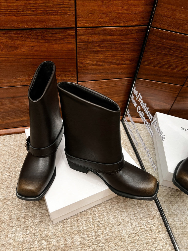 Karin Luna Elegant Style Square Toe Belt Buckle Pants Boot Short Boots