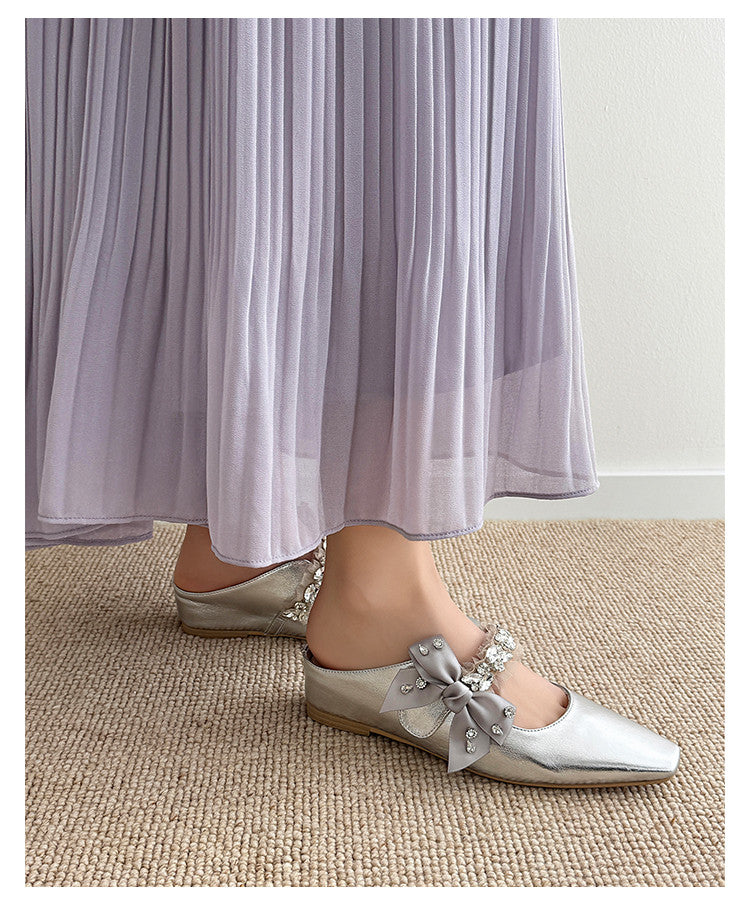 Karin Luna Handmade One-Strap Rhinestone Ribbon Square-Toe Mules