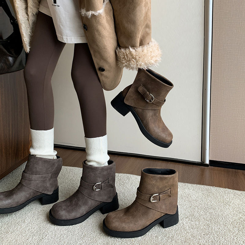Karin Luna In Stock Spot Goods Versatile Basic Round Toe Belt Buckle Thick Sole Tube Boots