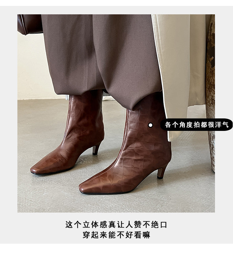 Karin Luna In Stock Spot Goods Top Layer Stone Pattern Cowhide Textured Small Square Toe Straight Short Boots