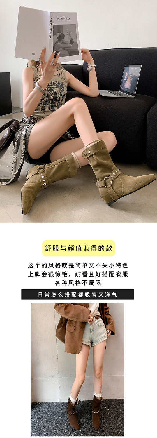 Karin Luna has prepared stock  Hot-Selling Retro Pointed Toe Wedge Metal Buckle High Tube Western Boots