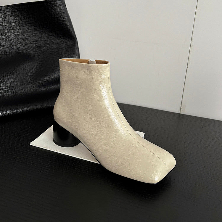 Karin Luna French Style Square Toe Chunky Heel Ankle Boots