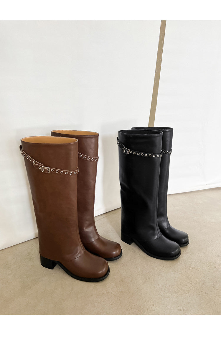 Karin Luna In Stock Spot Goods Belt Buckle Color-Washed Casual Thick-Soled Bootcut Pants Boots