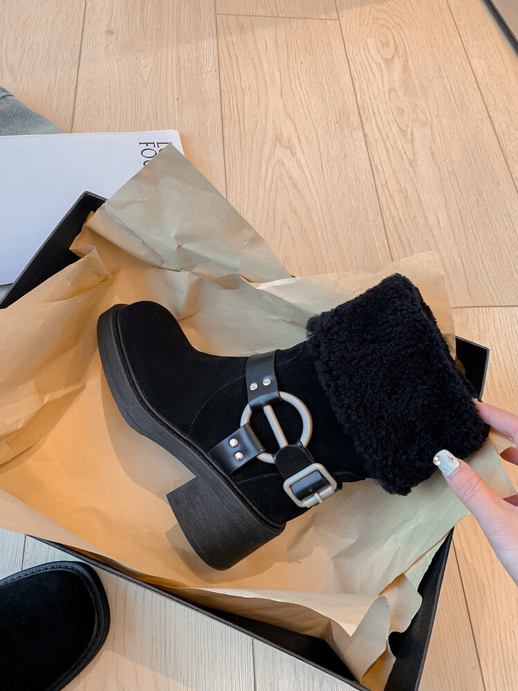 Karin Luna Genuine Lamb Wool and Cowhide Leather Hot-selling Metal Buckle Round Toe Chunky Heel Main Push Main Push