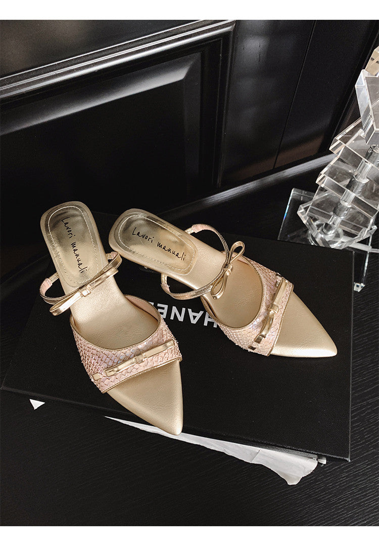 Karin Luna Fish Skin Series~Pointed Toe Irregular Heel Bowknot Strap Slippers