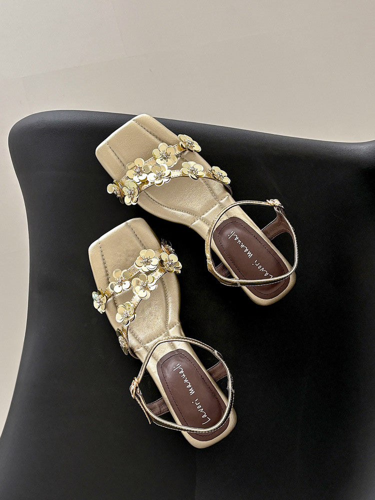 Karin Luna In Stock Spot Goods All the Best Square-Toed Sequin Flower Sandals