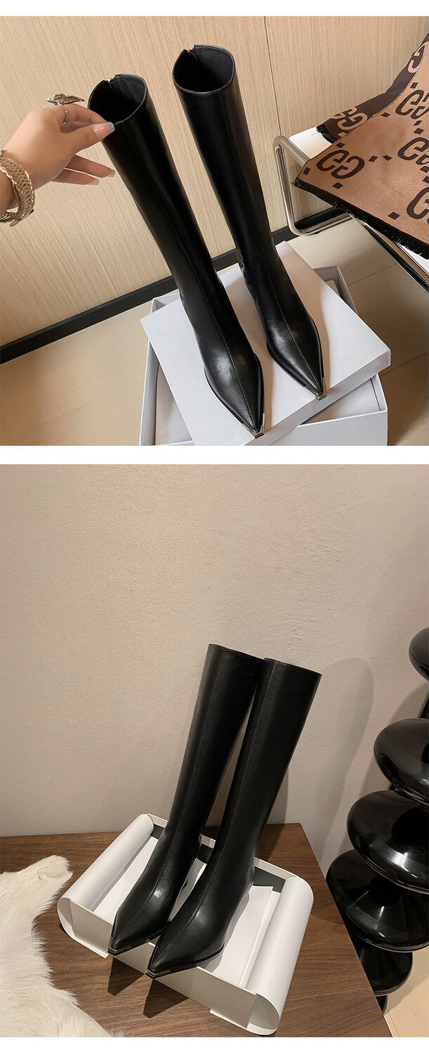 Karin Luna In Stock  In Stock Elegant Metal Pointed Toe Chunky Heel Full Cowhide Leather Riding Boots