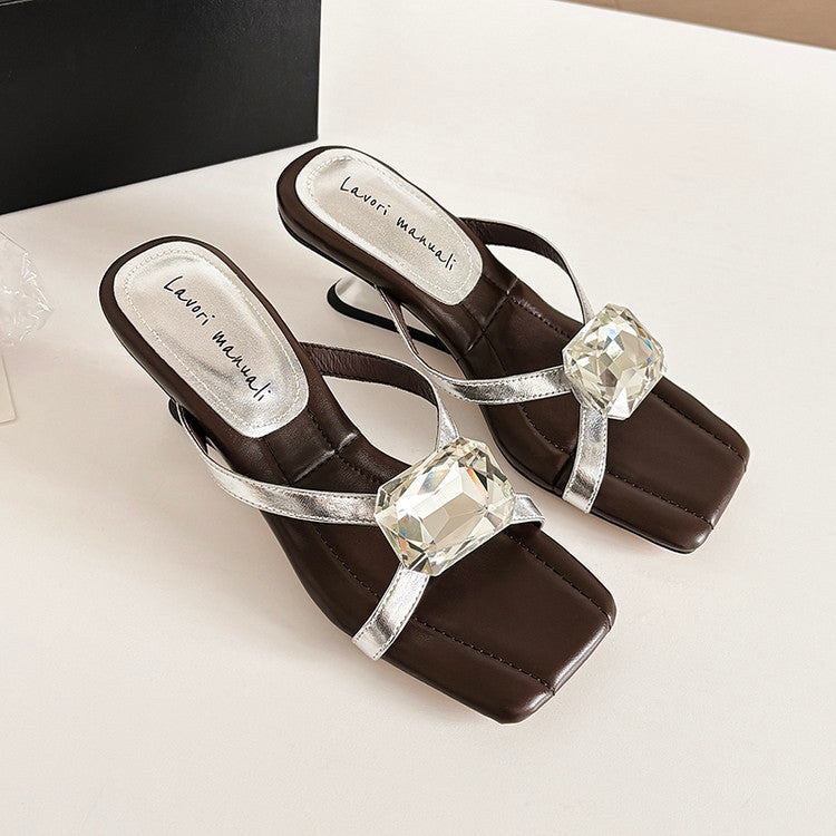 Karin Luna In Stock Spot Goods Rhinestone Square Toe Irregular Heel Slippers