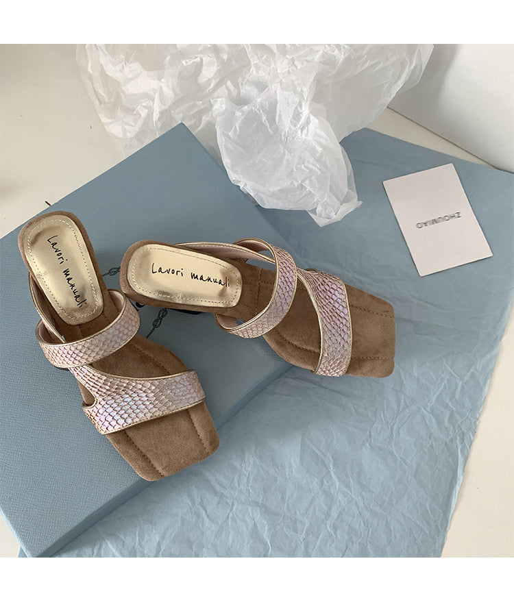 Karin Luna Fish Skin Series~Minimalist Square Toe Popular Irregular Heel Slippers