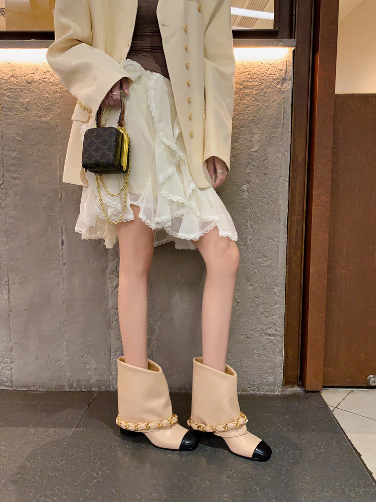 Karin Luna Classic Style Xiangjia Style Chunky Heel Chain Ankle Boots