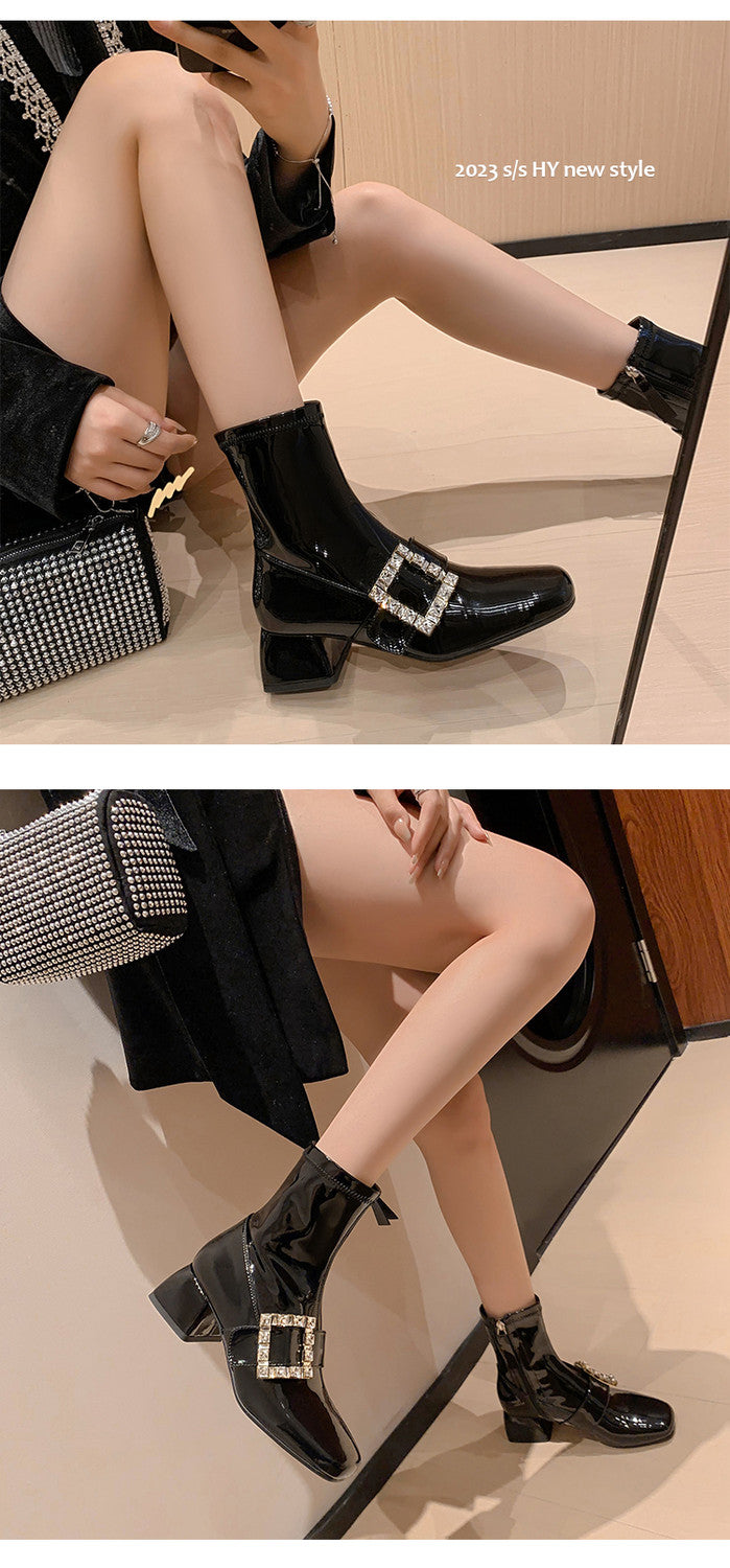 Karin Luna Elegant Style Ultra Slimming Rhinestone Chunky Heel British Style Riding Boots Long Boots