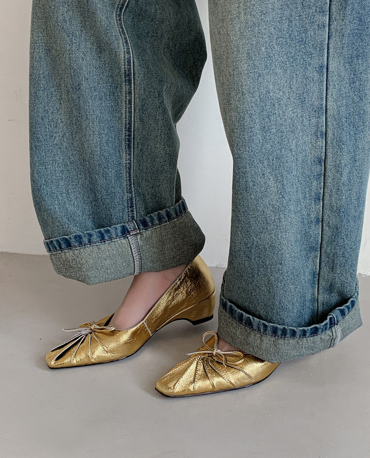 Karin Luna French Style Wrinkled Square Toe Height-Increasing Flats