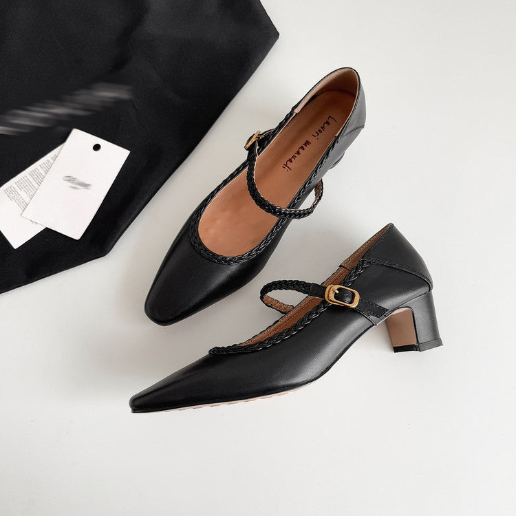 Karin Luna Braided Element Design Chunky Heel Square Toe Single Strap Shoes