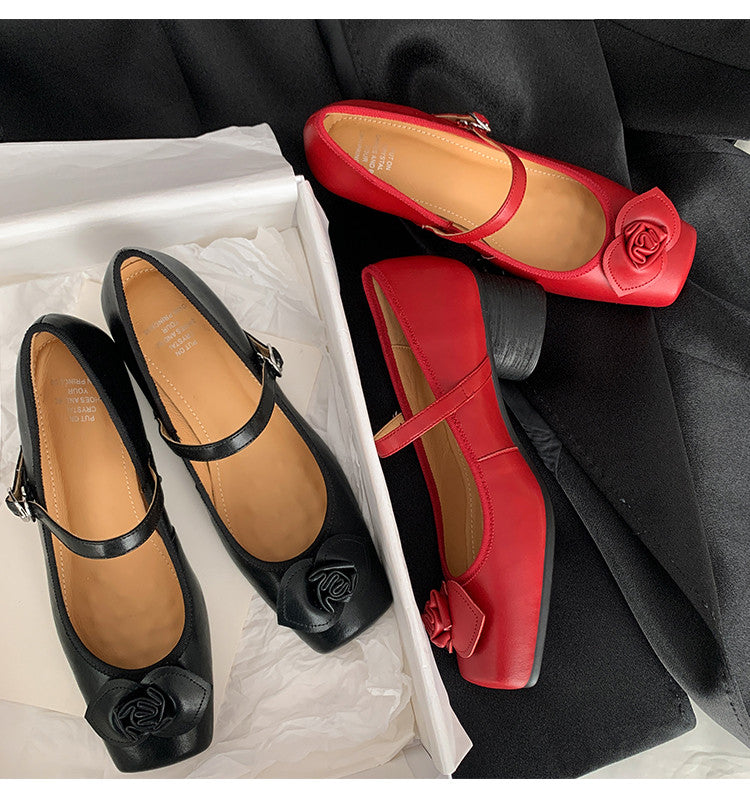Karin Luna In Stock Spot Goods  Vintage Three-Dimensional Camellia Square-Toed Mary Jane Shoes