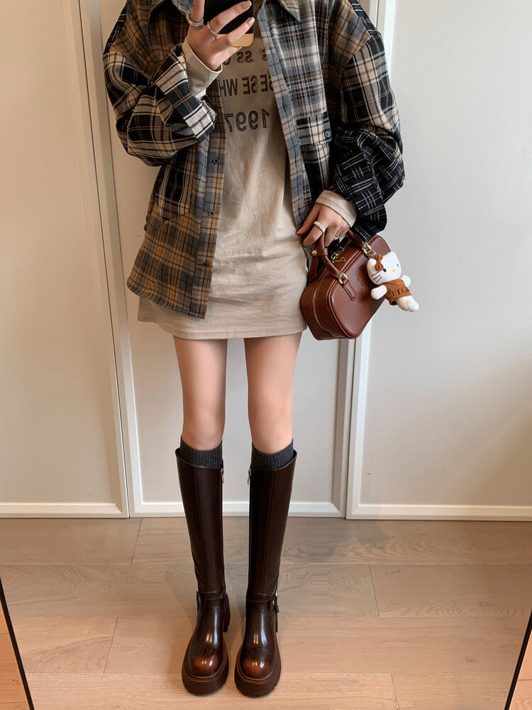 Karin Luna In Stock In Stock Slimming Diagonal Cut Tube Top  Best-selling in stock Retro Metal Buckle Thick-Soled Long Boots