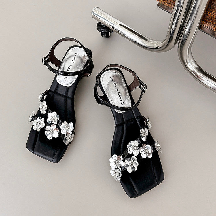 Karin Luna In Stock Spot Goods All the Best Square-Toed Sequin Flower Sandals