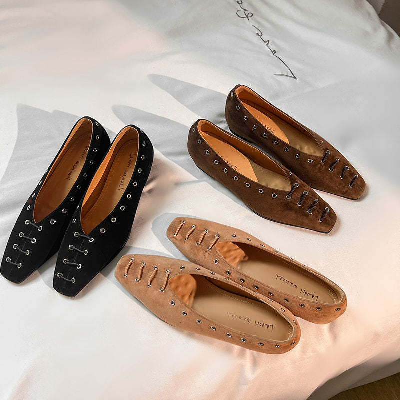Karin Luna In Stock Spot Goods    Old Money Style Square Toe Suede Flats