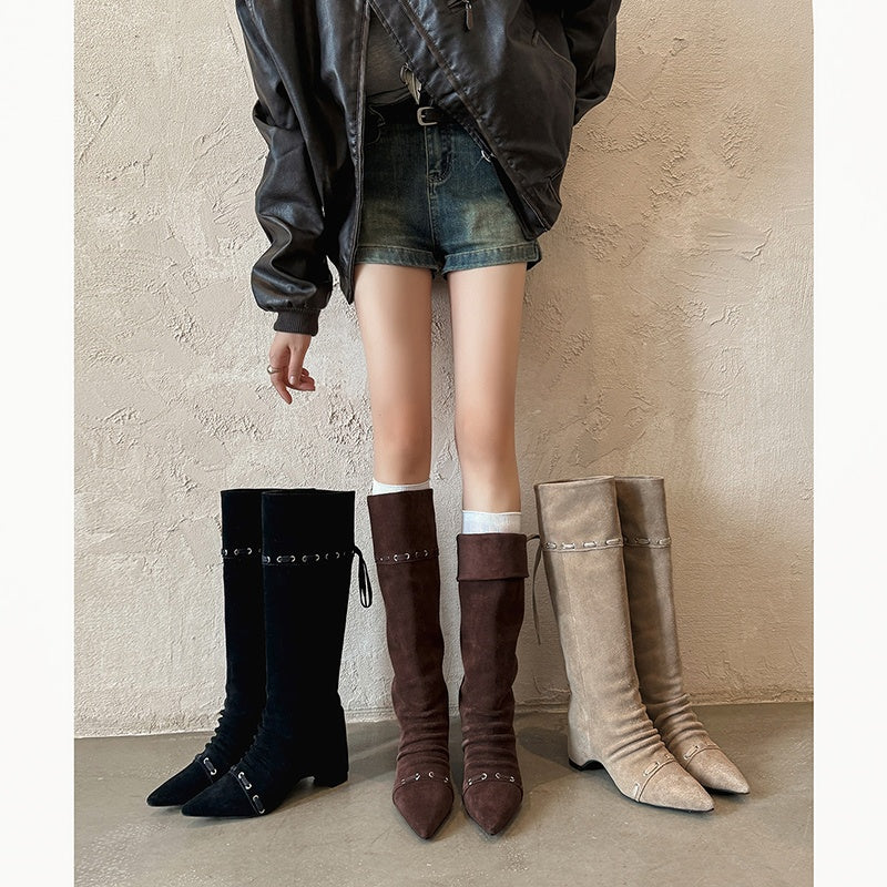 Karin Luna Elegant Style  Pointed Toe Pleated Hidden Wedge Western Boots