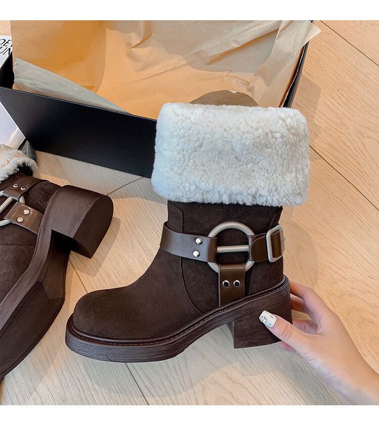 Karin Luna Genuine Lamb Wool and Cowhide Leather Hot-selling Metal Buckle Round Toe Chunky Heel Main Push Main Push