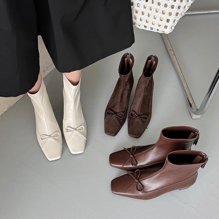 Karin Luna French Style Square Toe Bowknot Hidden Wedge Slim Boots