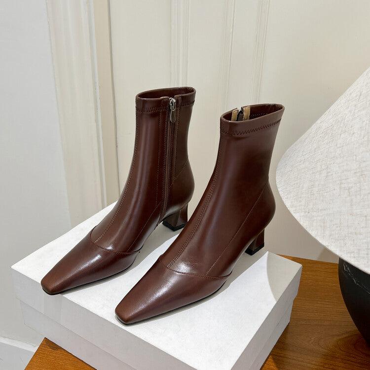 Karin Luna Elegant Small Square Toe Chunky Heel Slim Boots