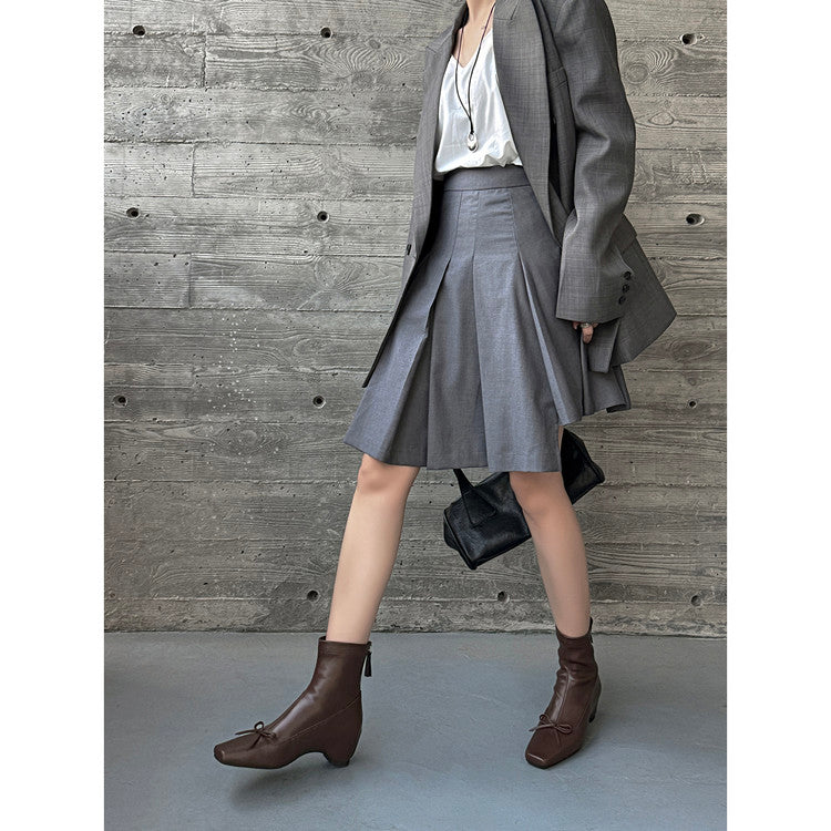 Karin Luna French Style Square Toe Bowknot Hidden Wedge Slim Boots