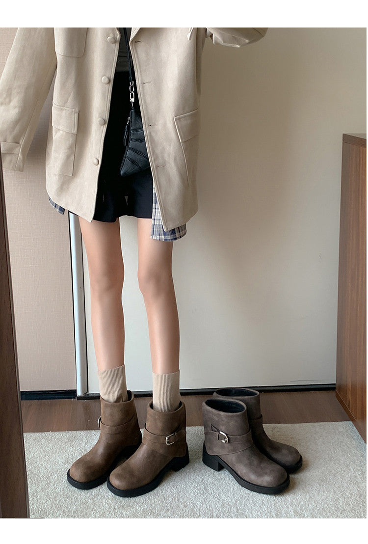 Karin Luna In Stock Spot Goods Versatile Basic Round Toe Belt Buckle Thick Sole Tube Boots