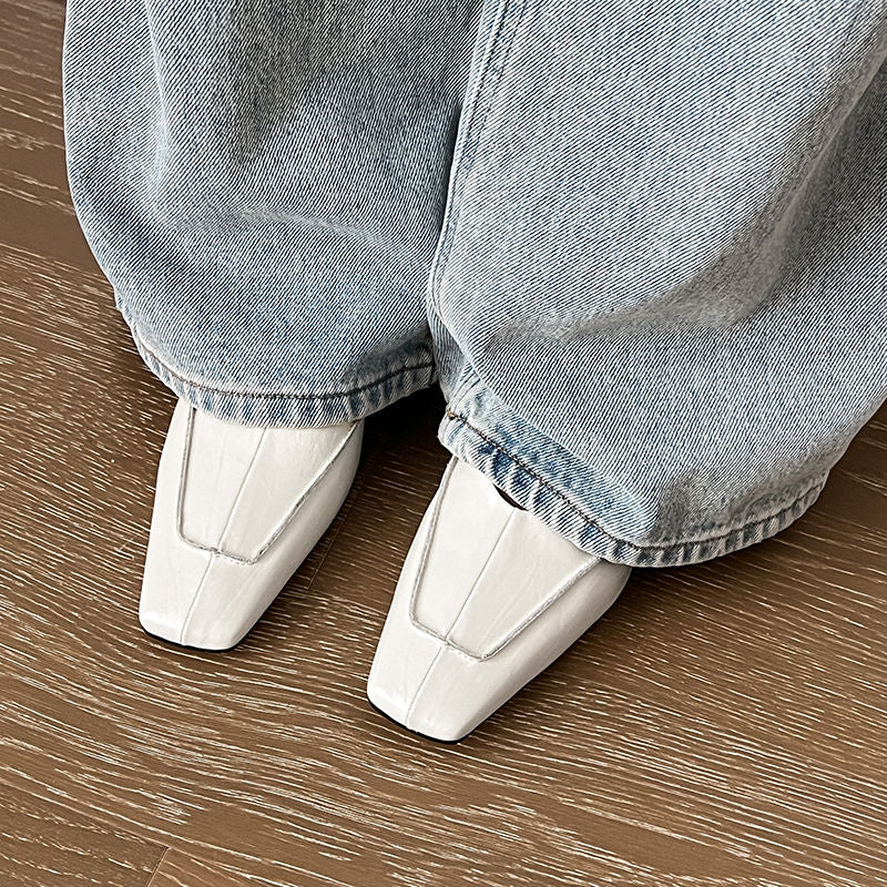 Karin Luna In Stock Spot Goods  Retro Full Leather Square Toe Shallow Mouth Single Shoes