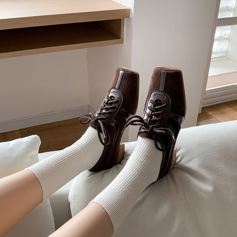 Karin Luna In Stock Spot Goods   Pig Nose Thin Strap Square Toe Patchwork Single Shoes