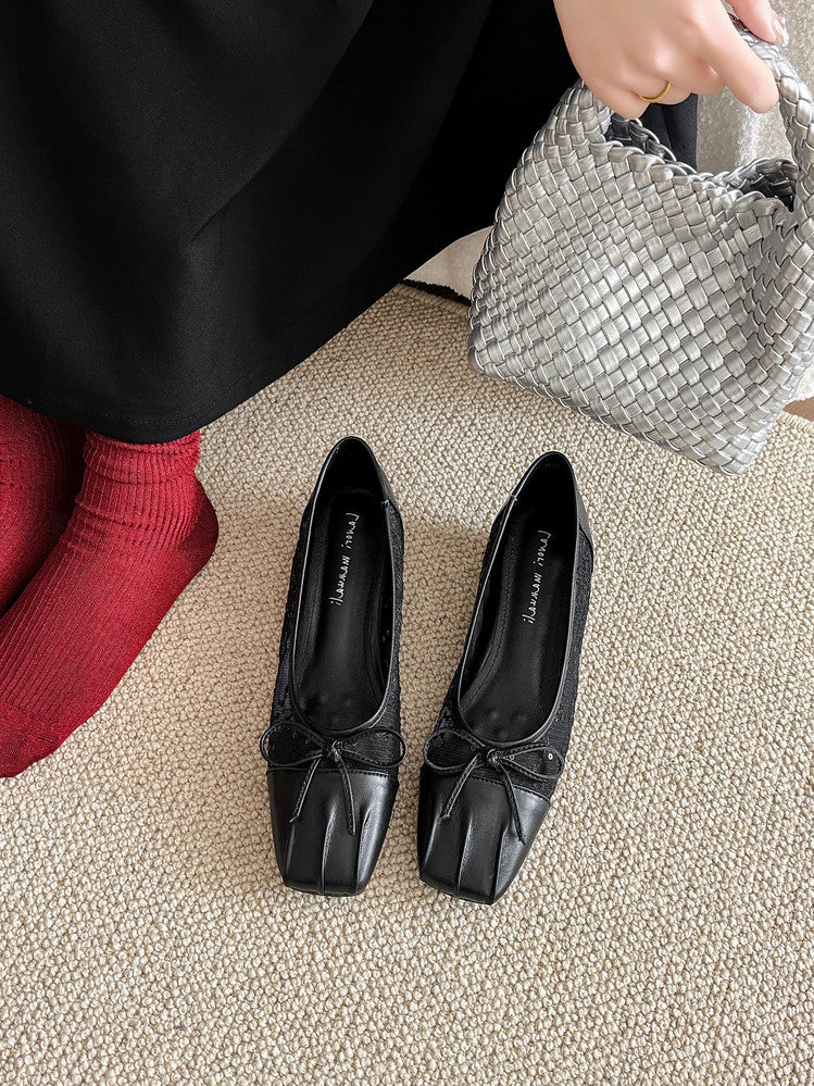 Karin Luna In Stock In Stock  Wrinkled Square Toe Patchwork Breathable Mesh Bow Granny Shoes