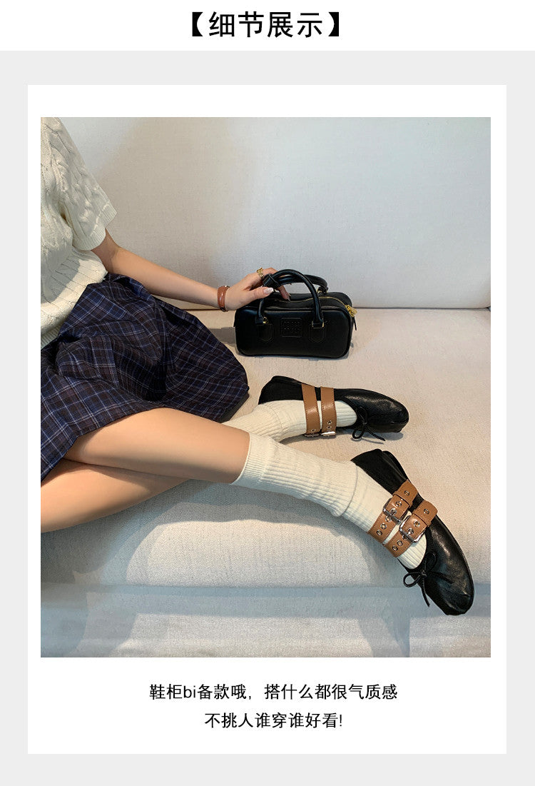 Karin Luna In Stock Spot Goods Minimalist Retro Round Toe Mary Jane Bowknot Height-Increasing Flats