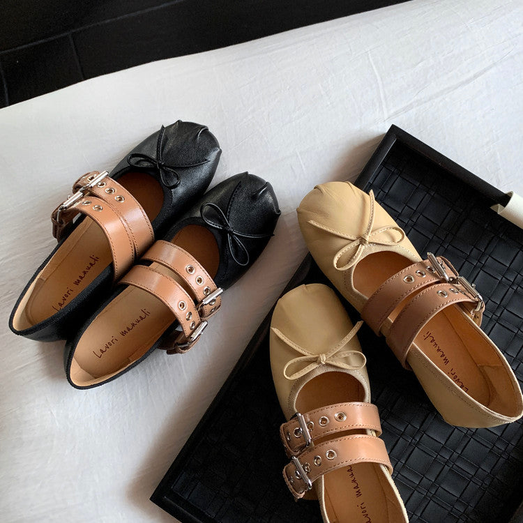 Karin Luna In Stock Spot Goods Minimalist Retro Round Toe Mary Jane Bowknot Height-Increasing Flats