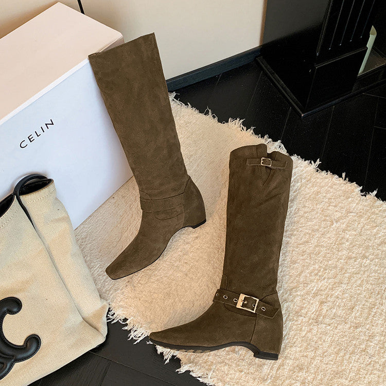 Karin Luna Data Model Belt Buckle Matte Square Toe Hidden Wedge Slouch Western Boots