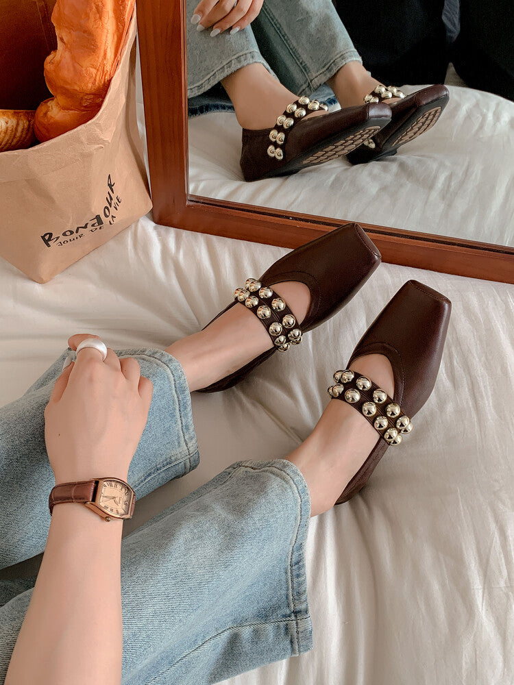 Karin Luna In Stock Spot Goods  Pig Nose Metal Strap Super Soft Granny Full Leather Mary Jane Shoes