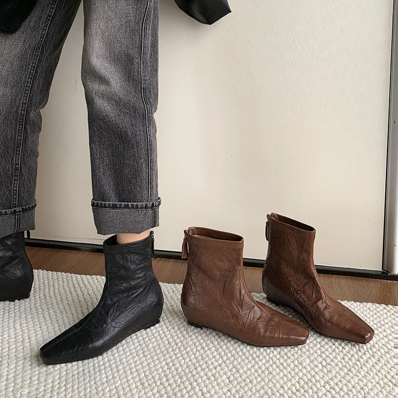Karin Luna In Stock Spot Goods Slim Series  Hidden Wedge Small Square Toe Back Zipper Short Boots